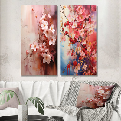 «Summer Pink Cherry Tree Blossums II», ensemble de 2 reproductions d'art sur toile