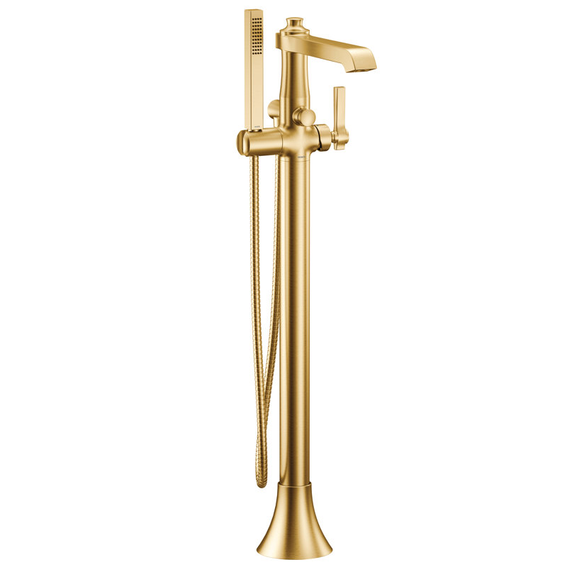 Flara Single Handle Floor Mount Freestanding Tub Filler with Handshower, Brushed Gold