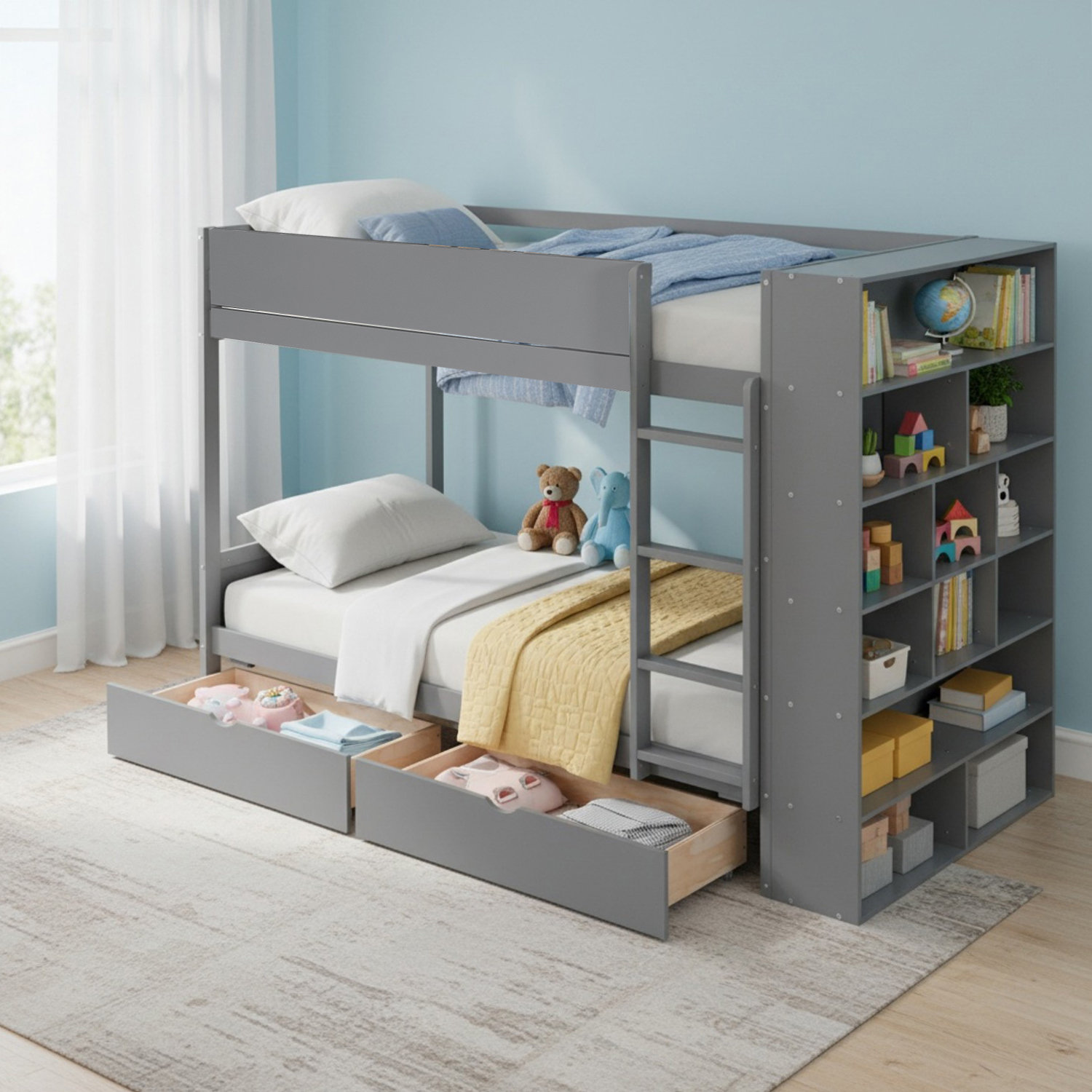 Harriet Bee Solid Wood Twin Over Twin Bunk Bed With 2 Drawers and Multi ...