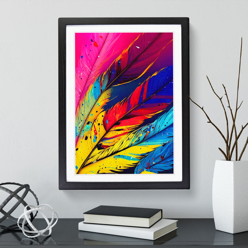 XV1022-4078X Splashed Feathers No.3 Abstract - Print, Black Framed, 66cm H x 48cm W, White
