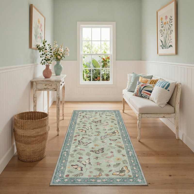 Green Butterfly Bee Botanical Machine Washable Non Slip Stain Resistant Runner Rug, Runner 2' x 6'