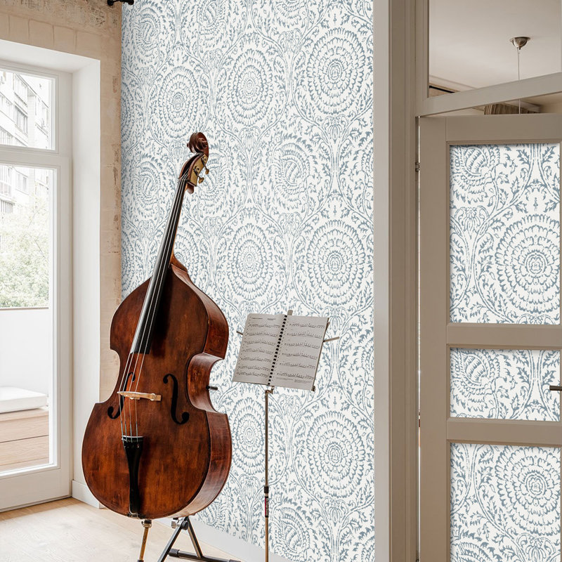 Shabby Chic White And Blue Damask Floral Wallpaper