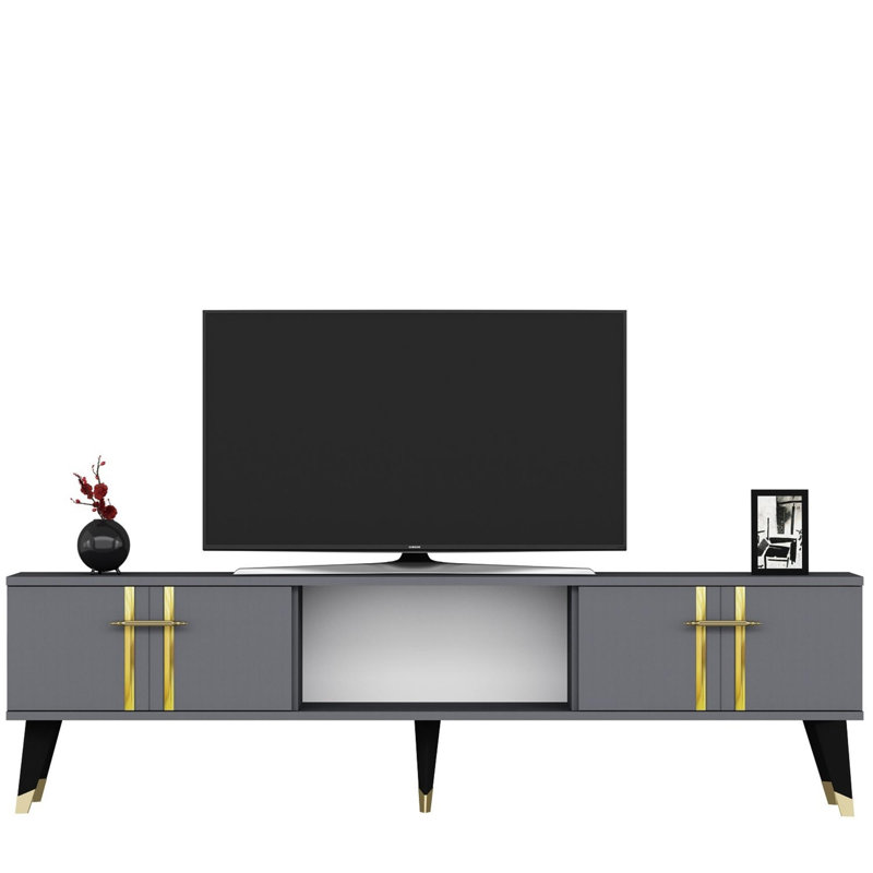 Meuble télé moderne avec anthracite et or 59,1 po x 17,6 po x 11,6 po | 100% panneau de particules enduit de mélamine, épaisseur: 0,7 pouce | Conception élégante pour le salon et les espaces de divertissement, durable et élégante