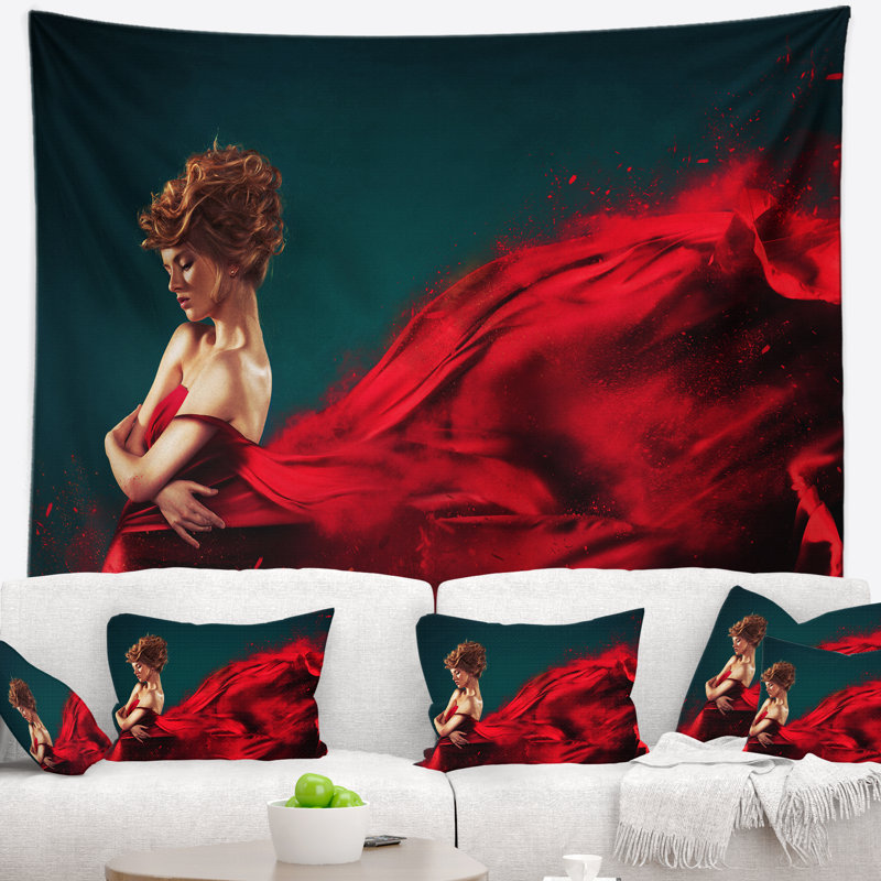 Femme, voler, tapisserie robe rouge Abstract, H 78 po x l 92 po