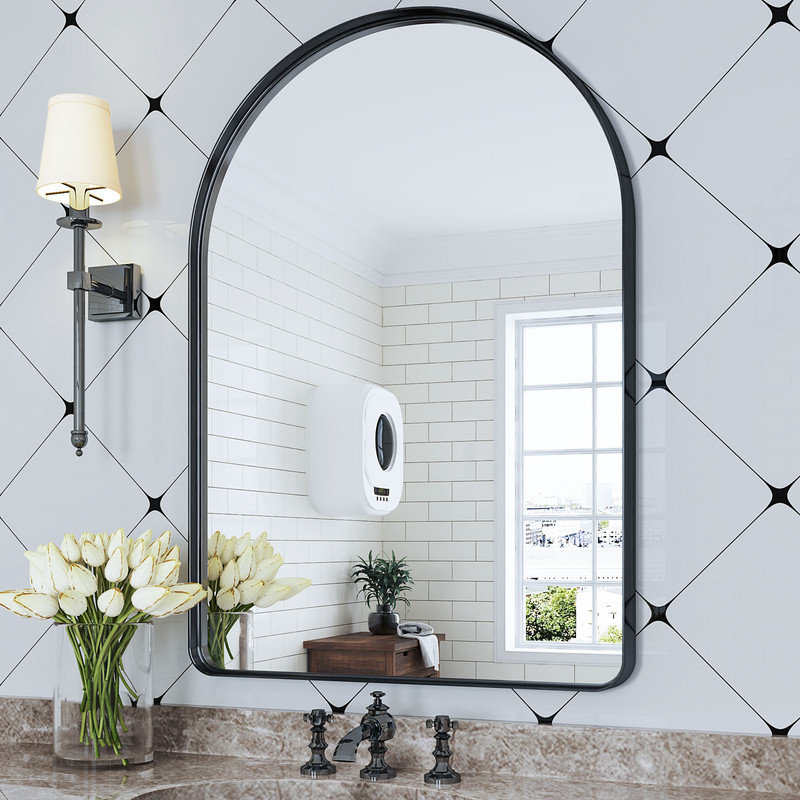 Miroir de salle de bain arqué avec miroir mural pour salle de bain, Noir, 30 po x 22 po