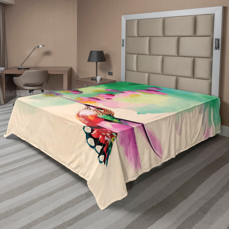 Drap plat Ambesonne Nature Colibri and Flowers Green Fuchsia, Drap plat pour très grand lit californien