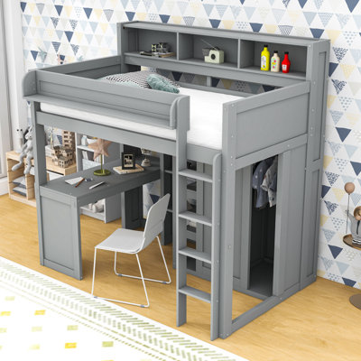 Lit mezzanine simple en bois avec tablettes de rangement, garde-robe et bureau