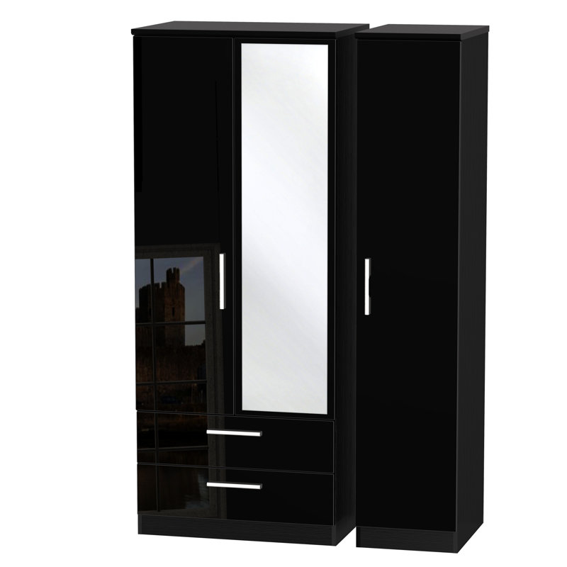 Yvette 3 Door Manufactured Wood Wardrobe, Black, 182.5 cm H x 111 cm W x 53 cm D