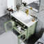 Meuble-lavabo de style milieu du siècle avec verre antique, éclairage automatique à détecteur de mouvement et lavabo facile à nettoyer, construction étanche pour une durabilité accrue.