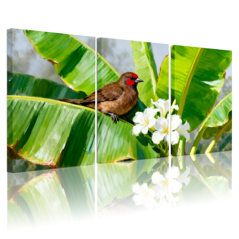 Oiseaux perchés sur une feuille de bananier avec des fleurs blanches, ensemble de 3 impressions sur toile, H 18 po x l 36 po
