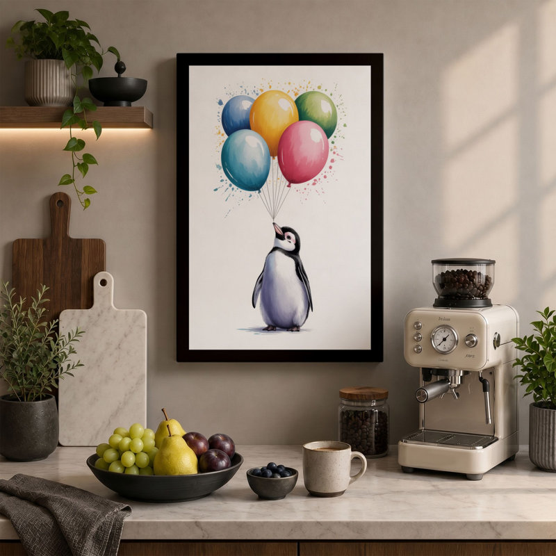Penguin and Balloons Whimsical - Wrapped Canvas, 36x24 - 91.4 x 61.0 cm, Terracotta Border