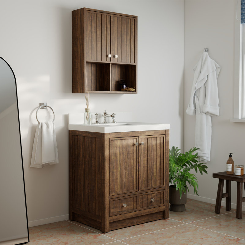 Ensemble de meuble-lavabo 30 po avec comptoir en quartz blanc Thassos et armoire murale assortie, Sépia rétro