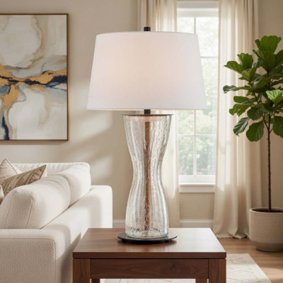 Table Lamp With LED Light, White Shade, 31 Inch Hourglass Glass Base