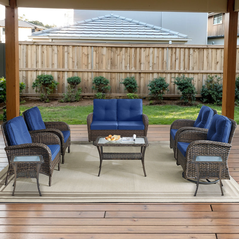 Ensemble de conversation d'extérieur 8 pièces Gaetanino avec chaises berçantes pivotantes et causeuse, Bleu