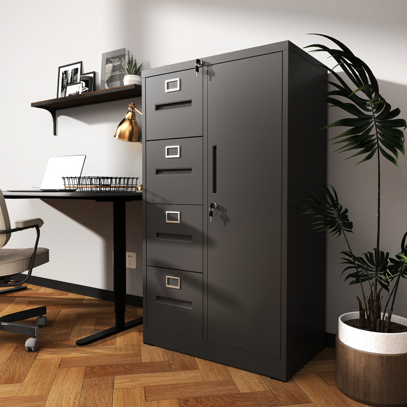 Steel File Locker With Lock, 4 Drawers, And Storage Wardrobe, High - Quality Material, Silent Operation For Bedroom Vertical Filing Cabinet In Black, Steel, Smooth Operation, Suitable Living Room