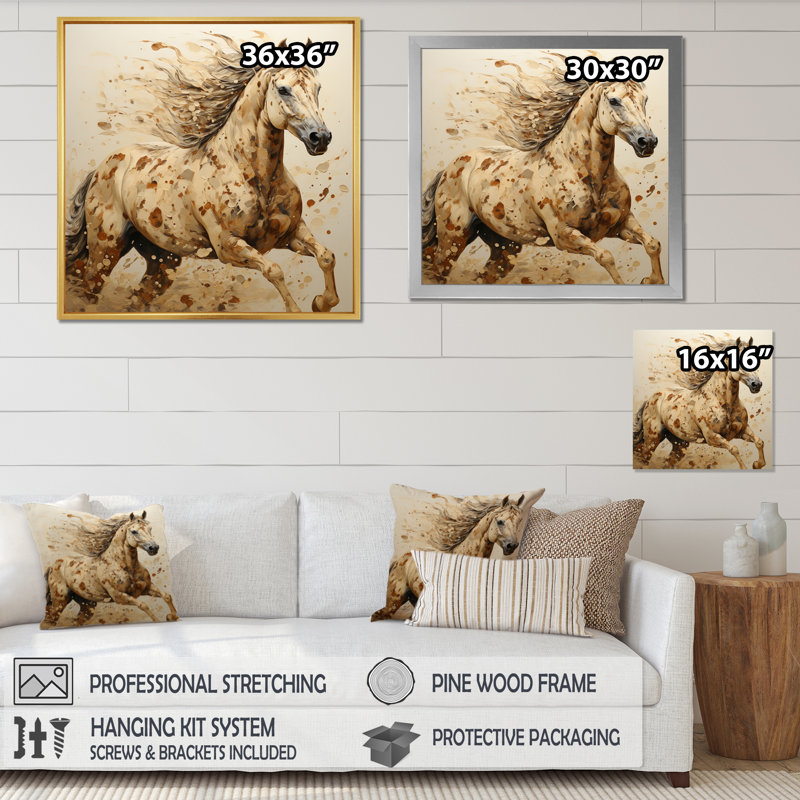 Beige cheval harmonieux pointillisme - imprimé, H 30 po x l 30 po x P 1 po, Cadre photo noir