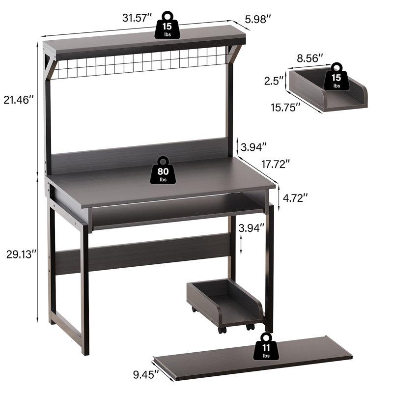 Bureau d'ordinateur 31,5 "avec huche, bureau peu encombrant, table d'étude, table de travail PC, Noir