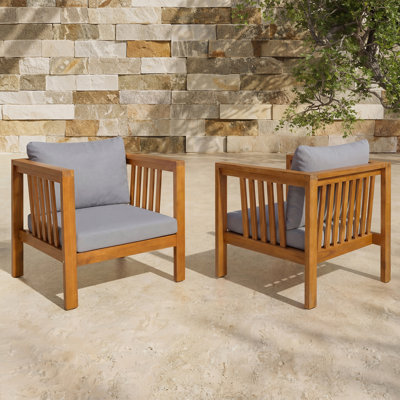 Outdoor Wooden Lounge Chair with Arms and Cushions(Set of 2)
