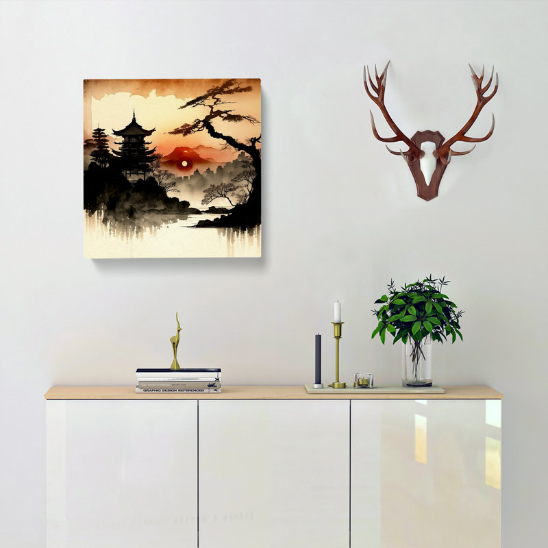 Japanese Sunset Ink Wash - Wrapped Canvas, 35cm H x 35cm W x 3cm D