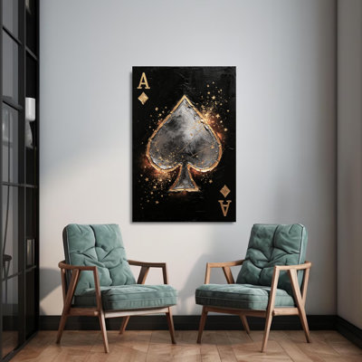 Gilded Ace Textured Glam Canvas Wall Art, 24" x 36" Gallery Wrapped Canvas Print, Black & Gold Card Art Wall Decor for Living Room, Game Room & Home Office