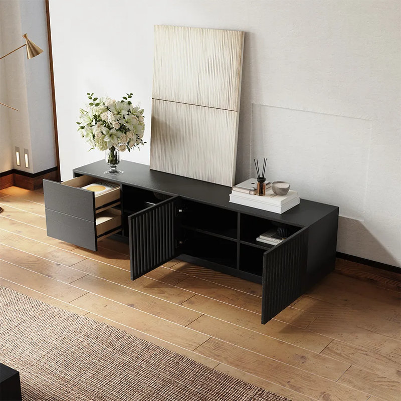 Mid-Century Modern TV Stand, Fully Assembly, Black, 19.69”H x 15.75”L x 70.87”W