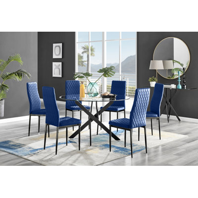 Bernell Modern Chrome Metal & Glass Round Dining Table Set with 6 Quilted Velvet Chairs
