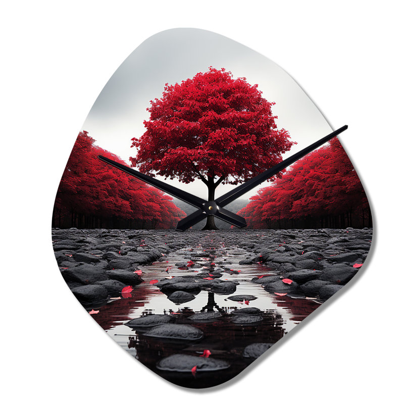 Red And Grey Forest Serenity - Forest Asymmetrical Metal Wall Clock, Red Freeform Wall Clock Print, Large