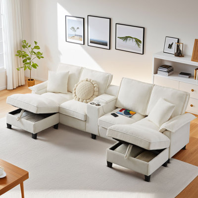 Clitheroe 121.2" Modular U-Shaped Corduroy Sectional Sofa with Dual Chaise Lounges, Hidden Storage and Cup Holders