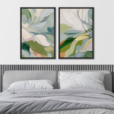 «Green Calm Relax Abstract Floral Botanical», reproduction d'art sur toile encadrée, 2 pièces
