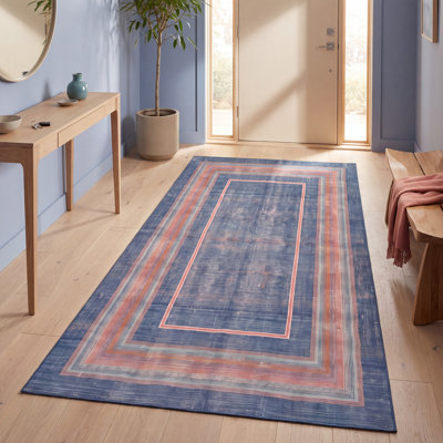 Tapis Thistle moderne minimaliste à bordure géométrique turquoise, rose et crème, lavable à la machine, antidérapant, à poils courts, pour l'intérieur et l'extérieur, adapté aux animaux domestiques, idéal pour le salon, la chambre, la salle à manger, l'entrée, le corridor ou le bureau.