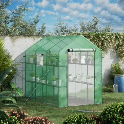 Serre protégée de 7 pi x 5 pi x 6 pi avec treillis, porte grillagée et fenêtres, 18 tablettes pour cultiver diverses plantes de 7 pi x 5 pi x 6 pi, film de blocage, plantation de tablettes