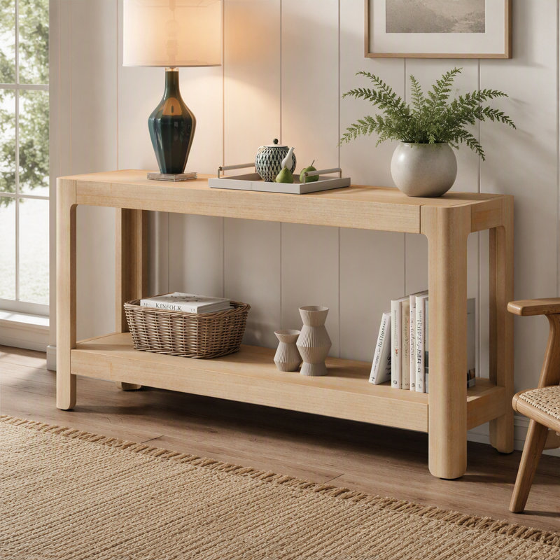 Console de style ferme moderne, table d'entrée minimaliste avec plateau en placage de bois et coins arrondis pour couloir ou salon