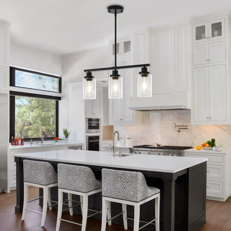 3 - Light Modern Linear Kitchen Island Dimmable Pendant With Clear Glass Shades, Matte Black, 3 Lights