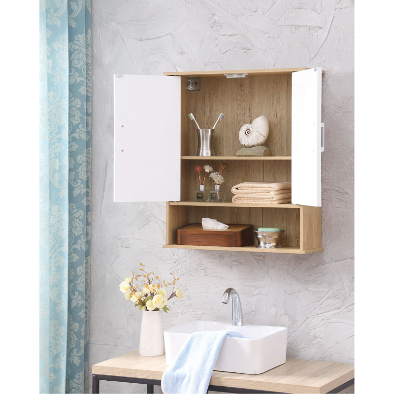 Bathroom Wall Cabinet With Double - Door, Bottom Shelf, Wavy - Patterned Doors, Adjustable Inner Shelf, Easy Installation, White & Natural Wood
