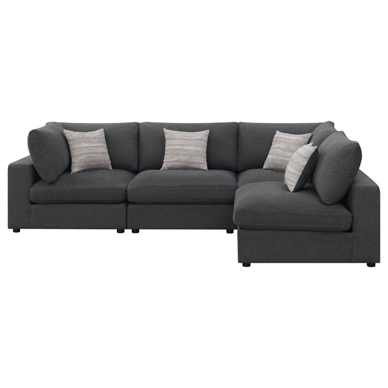 Serena 4Pc Modular Sectional Sofa, 4 Accent Pillows, Jacquard, Charcoal Gray Fabric/Linen Blend/Jacquard