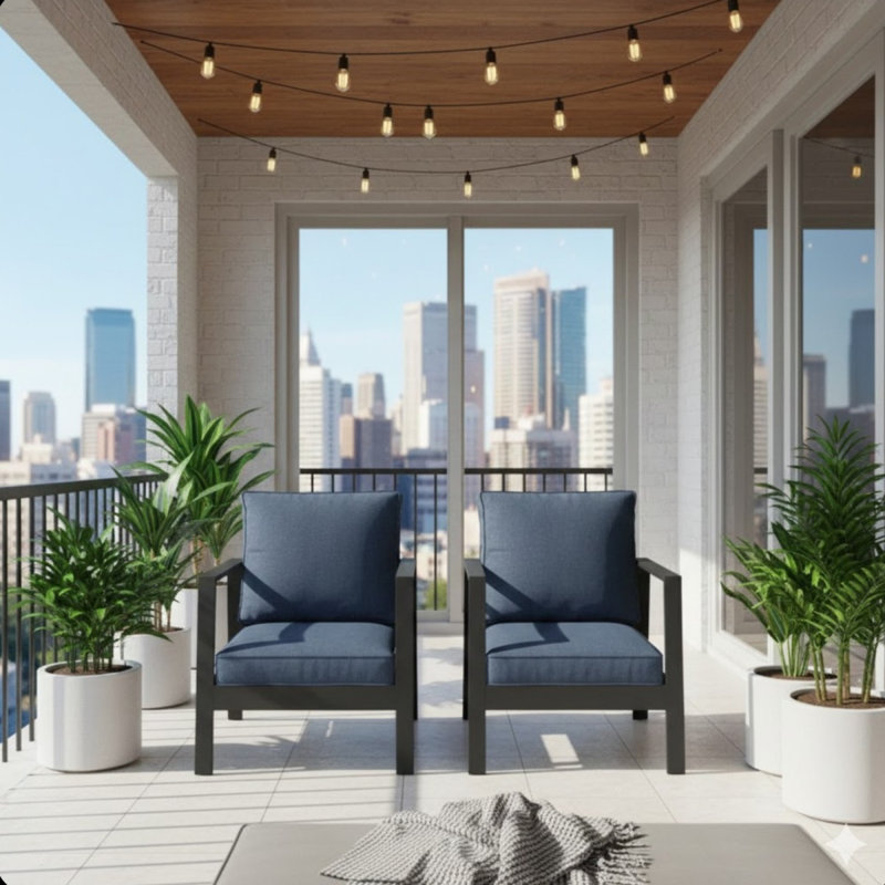 Set Of 2   28" All-Weather Aluminum Patio Armchairs With Thick Blue Cushions & Black Frame, Blue