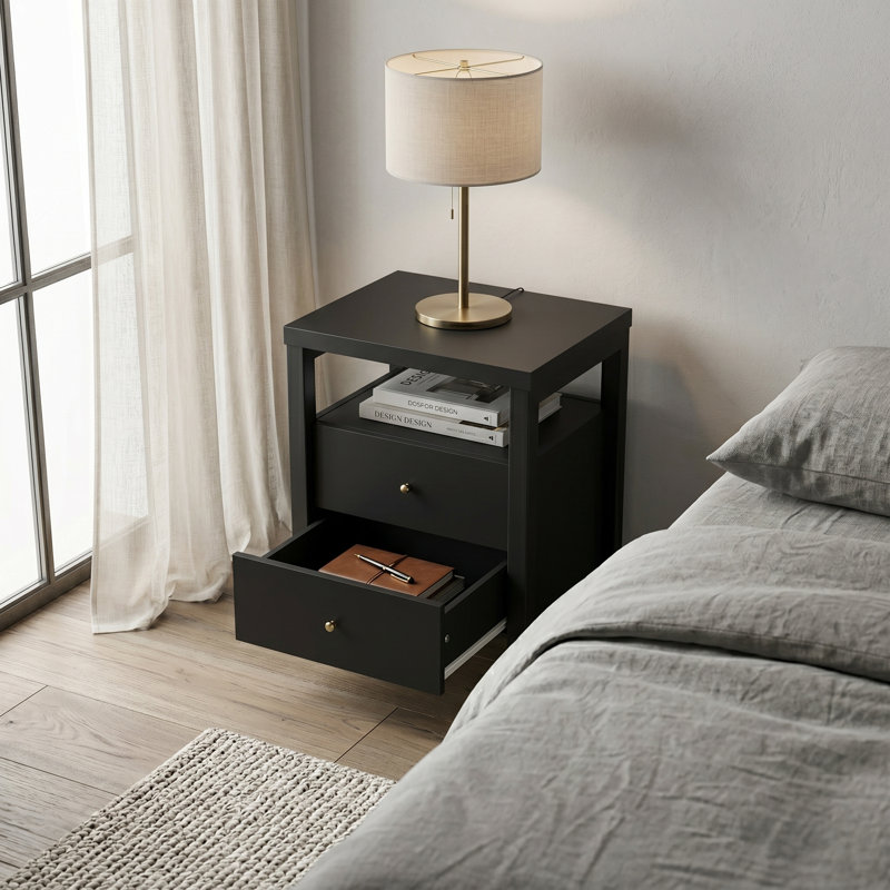 Absecon 23" H Modern Black 2-Drawer Nightstand with Open Shelf
