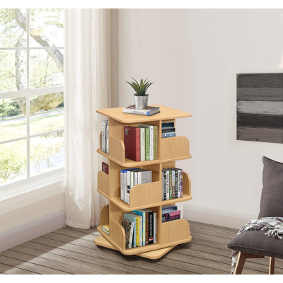 Holthaus Rotating Wooden Bookcase Organizer with Open Storage Shelves for Books, DVDs, and Media Display