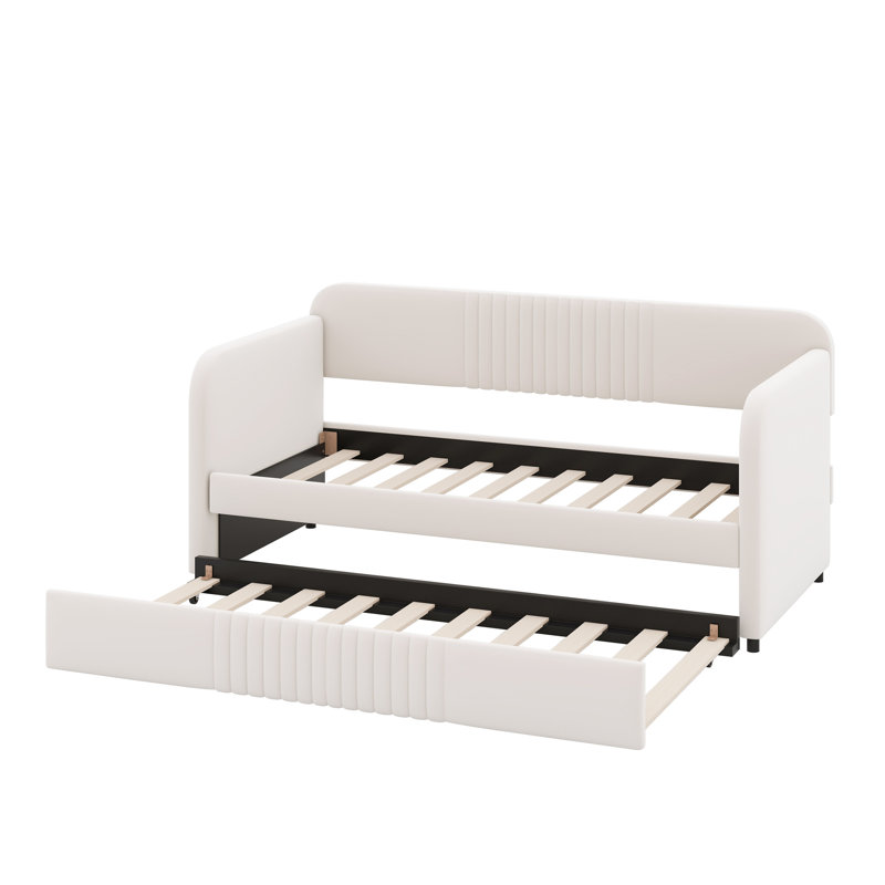 Upholstered Daybed Sofa Bed Twin Size With Trundle Bed And Wood Slat, Beige
