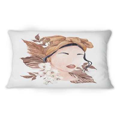 Femme afro-américaine, fleurs séchées, feuilles VI - coussin décoratif imprimé Glam 12 po x 20 po
