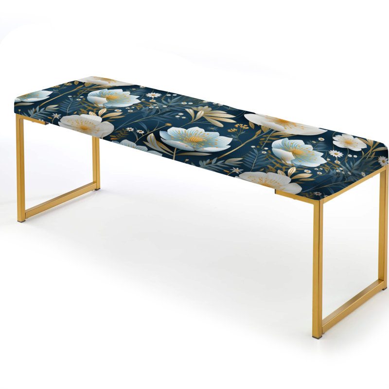 Motif de faune blanche et bleue à motif de renoncules - Banc rembourré floral doré