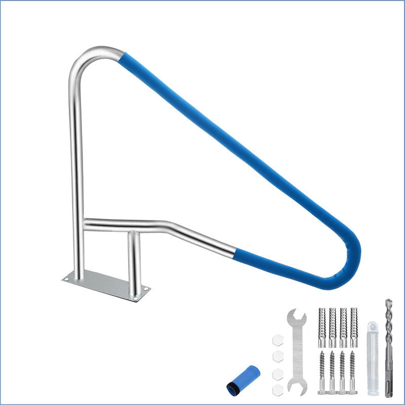 Barrière de piscine - Barrière de sécurité en acier inoxydable 304 avec prise antidérapante bleue, capacité de 375 lb, trousse de montage rapide pour piscines creusées, spas et parcs aquatiques - Argent