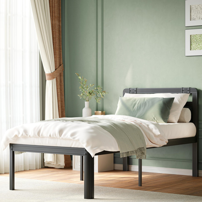 Likins 44" high metal Iron platform bed frame with headboard,heavy duty, high load capacity,easy to assemble,no wobble,Single Beds for Kids,Teens & Students - Compact Space-Saving Design with Frame,Ideal for Dorms, Small Apartments & Guest Rooms,Twin