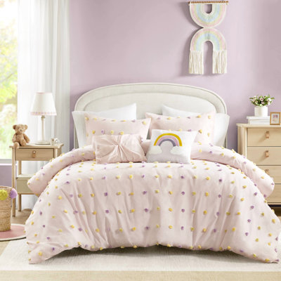 Édredon 5 pièces en coton double / grand avec détails, rembourrage, lavable à la machine, comprend un édredon, des taies décoratives et des coussins décoratifs arc-en-ciel brodés, motif, broderie décorative froncée
