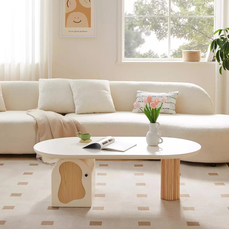 Table basse ovale moderne avec armoire de rangement, fabrication en panneau de fibres à densité moyenne, base piédestal en bois cannelé, finition blanche