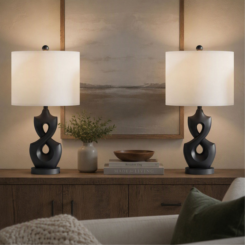 Lampe de table, ensemble de 2, 22,3 po, céramique, 3 lumières à intensité variable, abat-jour en tissu blanc