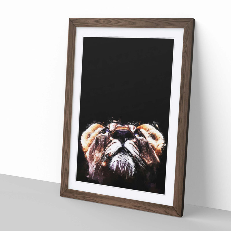 Lion Looking Upwards in Abstract - Picture Frame Graphic Art Print, 91cm H x 60cm W x 2cm D, Walnut
