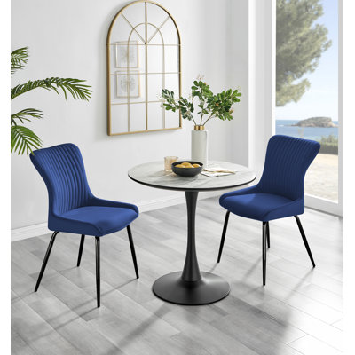 Eubanks White Marble Effect Melamine Round 80cm Dining Table And Chairs - 2 Velvet Dining Chairs