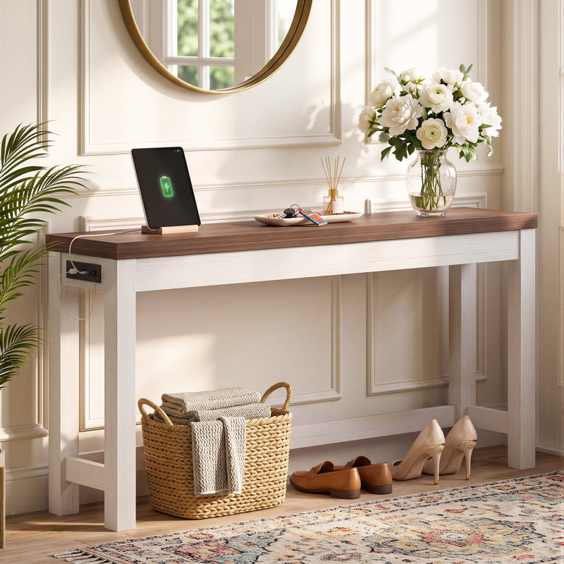 Console 63 pouces avec prise de courant, Blanc, Chêne brun