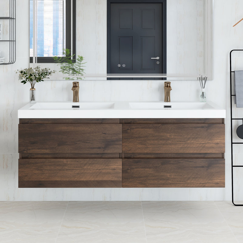 Meuble-lavabo double 60 po avec plateau en résine Princeton, Palissandre